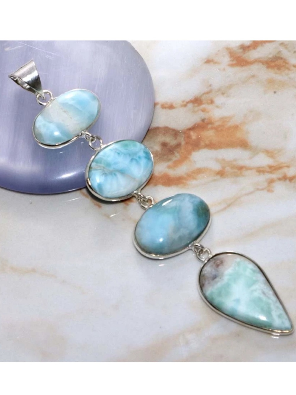 New! 925 Sterling Silver Blue Larimar Gemstone Multi-Stone Pendant